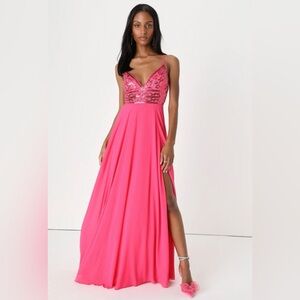 NWT - Lulus Glam sweetheart Pink Sequin Beaded Maxi dress - size Small